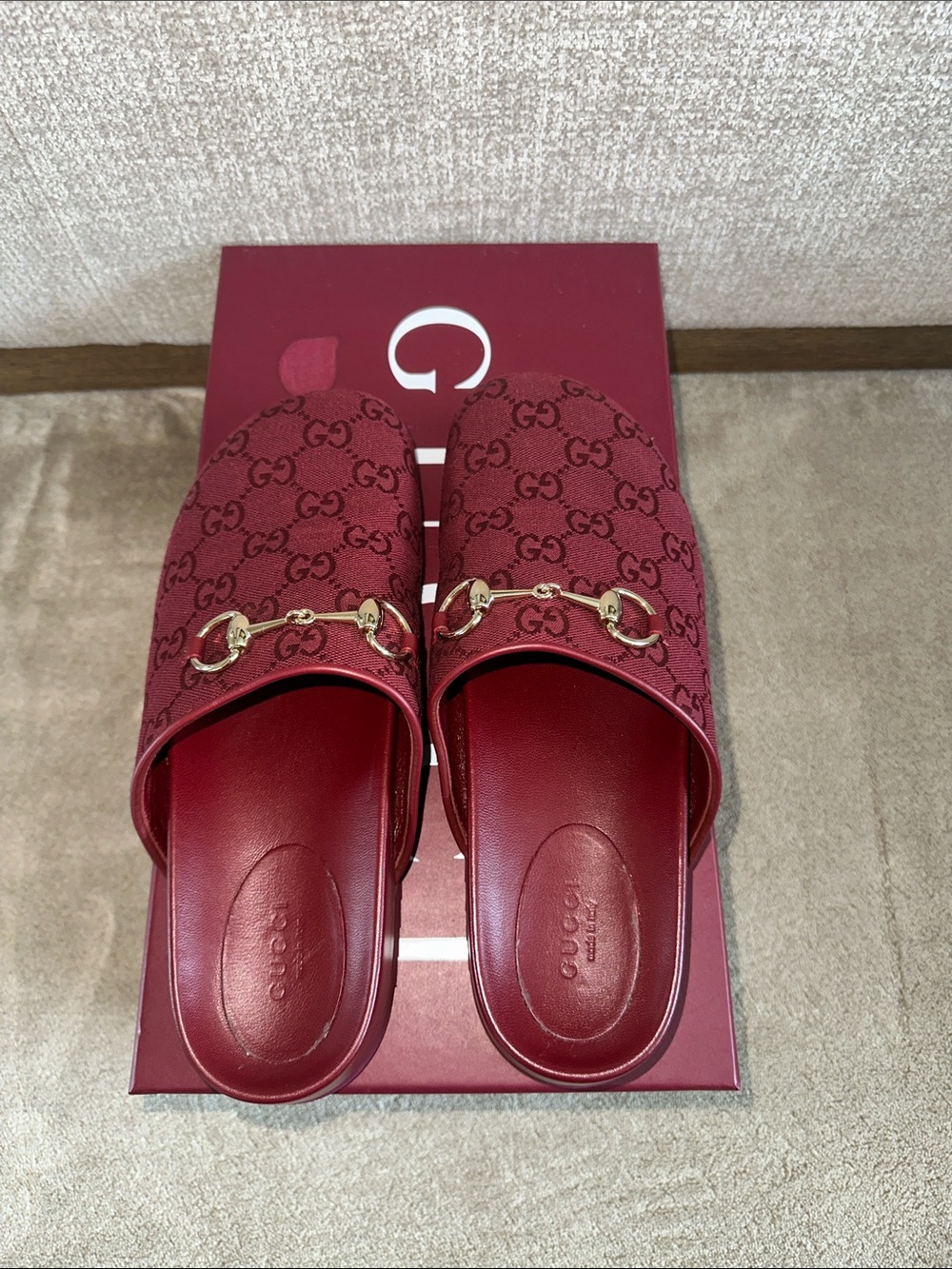 Gucci Red GG Canvas Horsebit Slip-On Mules